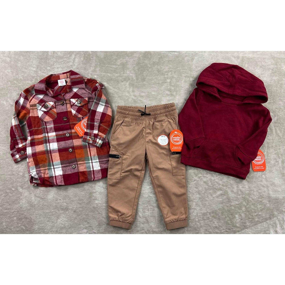 NWT Lot 3pcs Wonder Nation Toddler Boys Plaid Flannel Hoodie Cargo Jogger 18M 2T